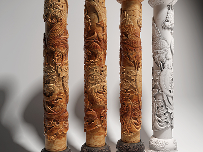 Chinese Pillar Dragon and Phoenix Wood Carved Column model