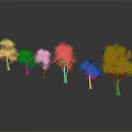 Green Trees of Different Sizes with Brown Trunks on Gray Reflective Ground