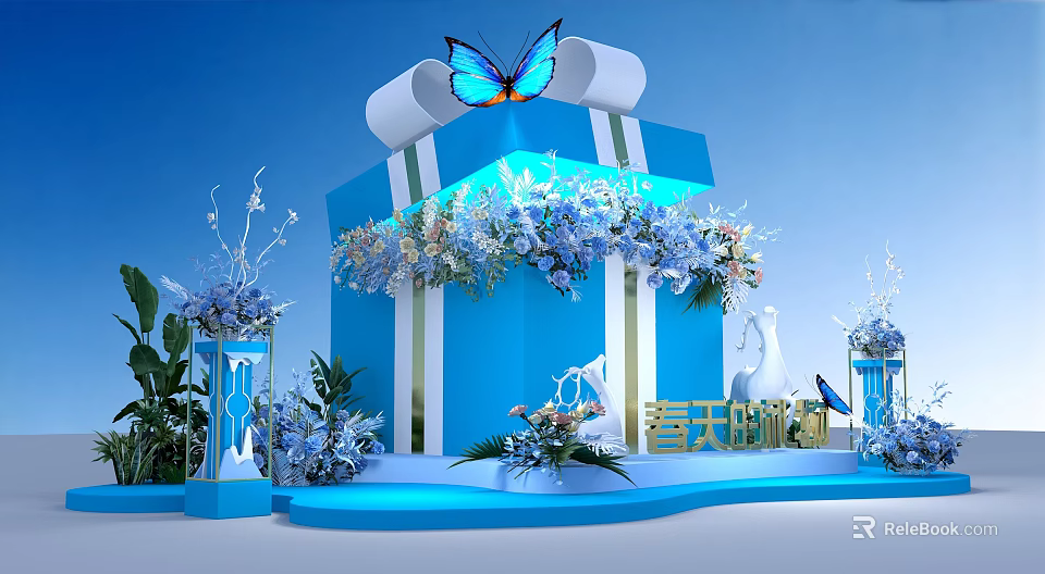 Elegant Blue Gift Box With Butterfly And Spring Floral Decorations 3d model 