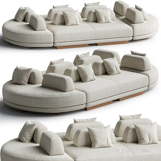 Modern Curved Sectional Sofa With Linen Upholstery Plush Cushions And Wooden Base 3d model 