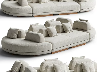 Modern Curved Sectional Sofa With Linen Upholstery Plush Cushions And Wooden Base 3d model