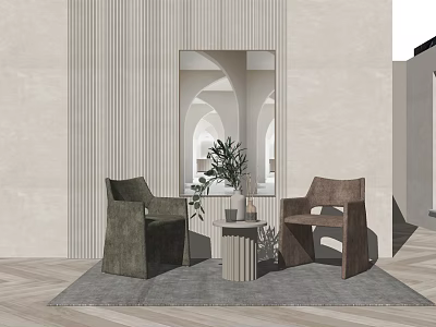 Modern Minimalist Table Chair Set With Wall Mirror Potted Plant Gray Rug And Neutral Tones 3d model
