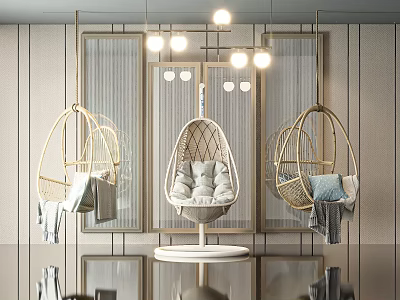 Hanging Rattan Swing Chairs In Modern Indoor Setting With Soft Cushions And Ceiling Lights 3d model