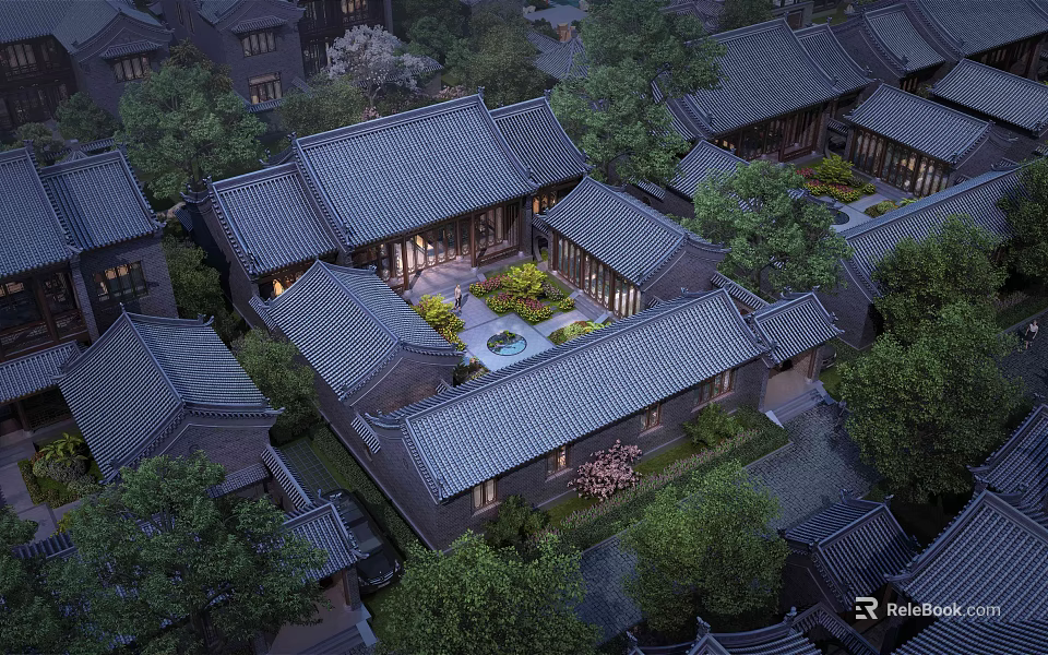 Traditional Ancient Architecture Courtyard Design With Grey Tiles And Illuminated Trees 3d model 