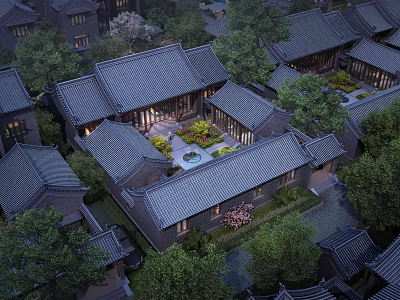 Traditional Ancient Architecture Courtyard Design With Grey Tiles And Illuminated Trees 3d model