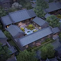 Traditional Ancient Architecture Courtyard Design With Grey Tiles And Illuminated Trees