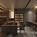 Modern Restaurant Interior With Wooden Tables Chairs Bar Counter Wine Racks And TV Screens