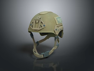 Khaki Military Helmet With Adjustable Chin Strap And Side Functional Attachments Design 3d model