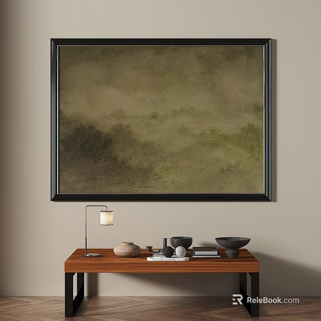 Black Framed Abstract Painting on Beige Wall with Wooden Table Lamp Stones and Bowls 3d model 