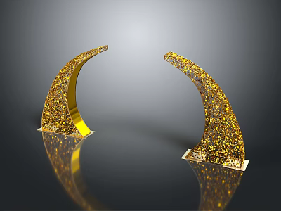 Two Golden Sparkling Curved Door Arches With Symmetrical Reflective Base Design 3d model