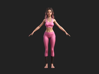 Fit Woman in Pink Sports Bra and Leggings Posing Against Black Background 3d model
