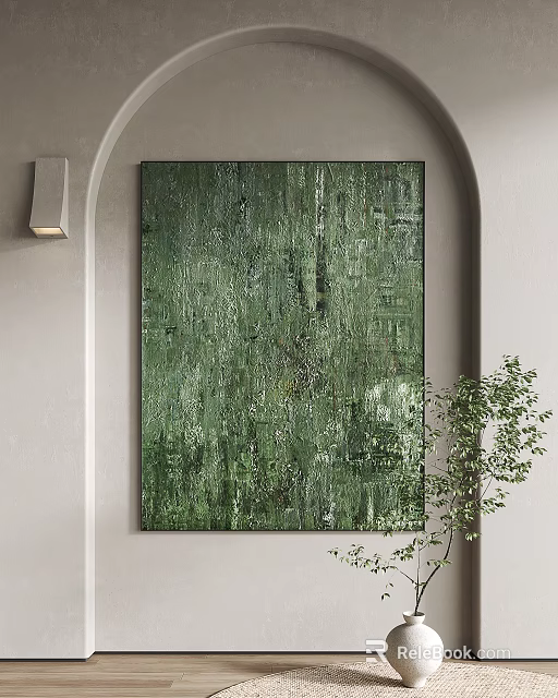 Green Abstract Painting Hanging On Wall With Wall Lamp And Plant 3d model 