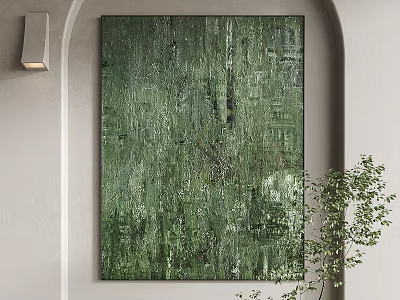 Green Abstract Painting Hanging On Wall With Wall Lamp And Plant 3d model