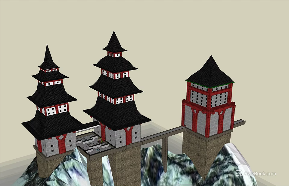 Traditional Ancient Architecture With Three Towers Black Pointed Roofs Red White Walls Mountain Setting 3d model 