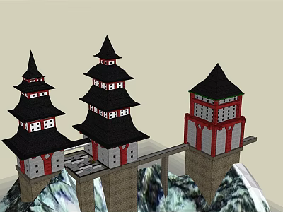 Traditional Ancient Architecture With Three Towers Black Pointed Roofs Red White Walls Mountain Setting 3d model