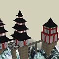 Traditional Ancient Architecture With Three Towers Black Pointed Roofs Red White Walls Mountain Setting
