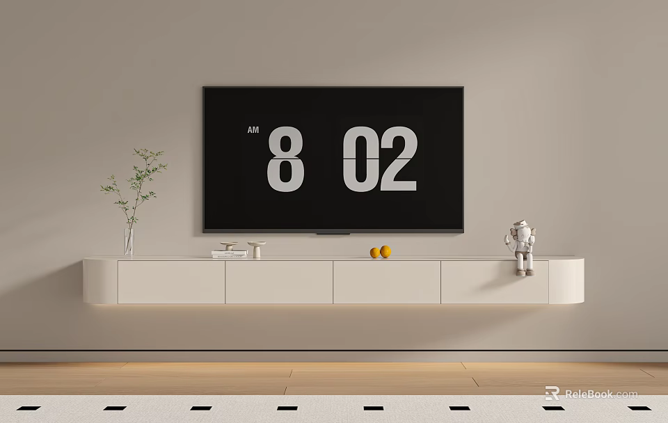 Modern Minimalist TV Stand With Large Screen TV Vase Plant Astronaut Figurine And Yellow Fruits 3d model 