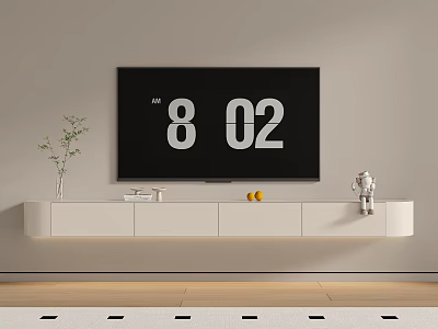 Modern Minimalist TV Stand With Large Screen TV Vase Plant Astronaut Figurine And Yellow Fruits 3d model