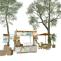 Outdoor Park Pop Up Cafe Table Chair Set With Orange Umbrella And Straw Hats
