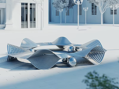 Modern Wavy Metallic Landscape Seat In Outdoor Plaza With Buildings And Trees 3d model