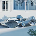 Modern Wavy Metallic Landscape Seat In Outdoor Plaza With Buildings And Trees