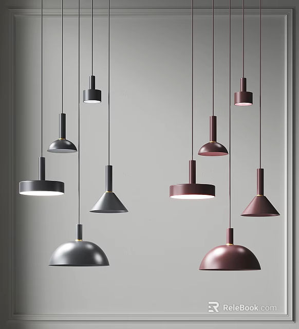 Stylish Pendant Lights Black and Burgundy Round Dome Cone Shapes Hanging in Gray Background 3d model 