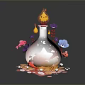 Vibrant Decorative Bottle Featuring Chicken Feathers And Organ Inspired Ornaments