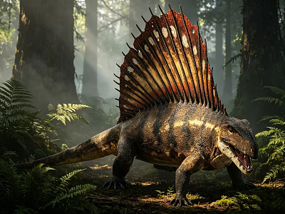 Prehistoric Sail Backed Dinosaur In Ancient Forest With Sunlight And Ferns 3d model