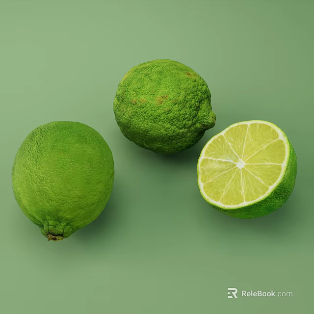 Three Fresh Ripe Green Limes Whole And Sliced On Green Background 3d model 