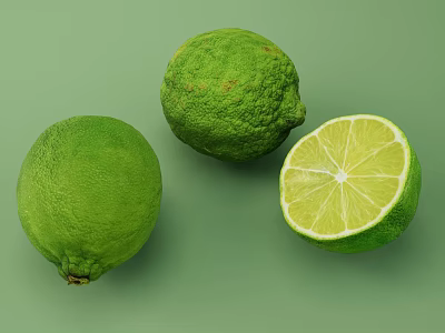 Three Fresh Ripe Green Limes Whole And Sliced On Green Background 3d model