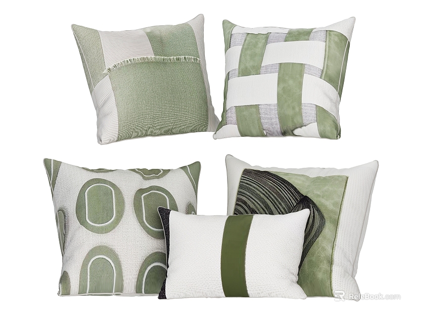 Green And White Decorative Pillows With Various Geometric Patterns And Textures 3d model 