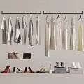 Bags and Boxes with Hanging Clothes and Various Shoes in Organized Wardrobe Setup
