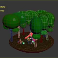 Green Leafy Trees with Red Trunks Surrounding Camping Tent and Supplies