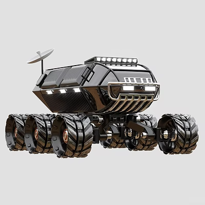 Black Exploration Rover With Large Rugged Tires Metallic Structure Satellite Dish And Front LED Lights 3d model