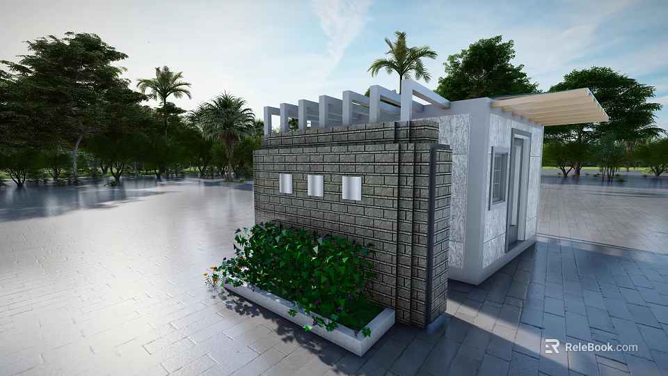 Modern Small Outdoor Building With Brick Wall White Exterior And Green Plants Near Palm Trees 3d model 