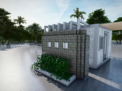 Modern Small Outdoor Building With Brick Wall White Exterior And Green Plants Near Palm Trees 3d model