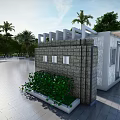 Modern Small Outdoor Building With Brick Wall White Exterior And Green Plants Near Palm Trees