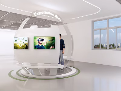 Modern Experience Area With Spherical Display Stand And VR Content Screens 3d model