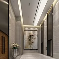 Modern Hotel Lobby With Large Chandelier Elevators Mailboxes High Ceiling And Stone Walls
