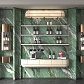 Elegant Modern Wine Cabinet With Green Marble Wall Golden Shelves And Wine Bottles