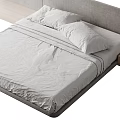 Minimalist Double Bed With Gray Fabric Headboard Linen Bedding And Wooden Nightstand