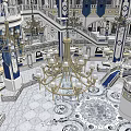 Religious Faith Interior With Grand Chandelier Two Story Design Blue Banners And Arched Windows