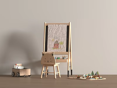 Kids Art Supplies With Wooden Easel Drawing Board Stool Paints And Brushes Set 3d model