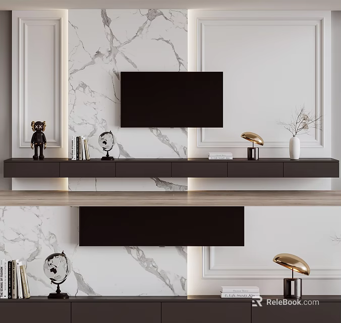 Modern Luxury TV Background Wall Design With Marble Texture Black Cabinet And Gold Lamp Decorations 3d model 