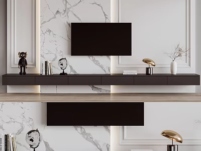 Modern Luxury TV Background Wall Design With Marble Texture Black Cabinet And Gold Lamp Decorations 3d model