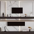 Modern Luxury TV Background Wall Design With Marble Texture Black Cabinet And Gold Lamp Decorations