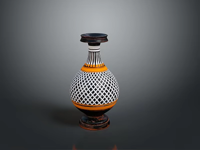 Ceramic Vase Shaped Sculpture Carving with Black and White Grid and Orange Accent Band Design 3d model
