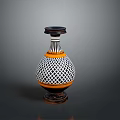 Ceramic Vase Shaped Sculpture Carving with Black and White Grid and Orange Accent Band Design