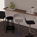 Modern Bar Stools By Wooden Counter With Plant And Glassware On Light Wall Background