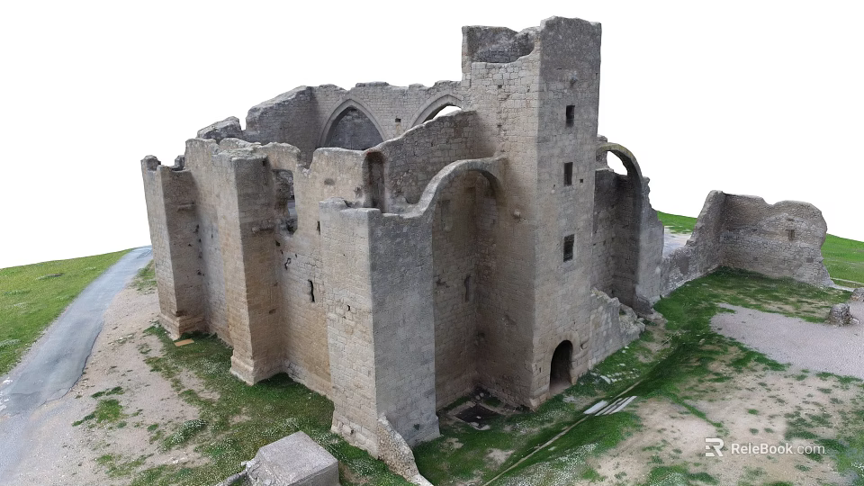Ancient Building Ruins With Medieval Stone Walls Arched Openings Surrounded By Grass 3d model 